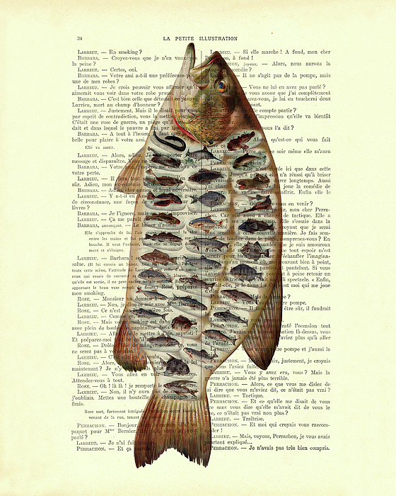 Big fish species chart on antique French book page Tapestry