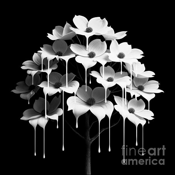 Rose Santuci-Sofranko - Black and White Blossoming Dogwood Tree at Night Paint Drip Effect