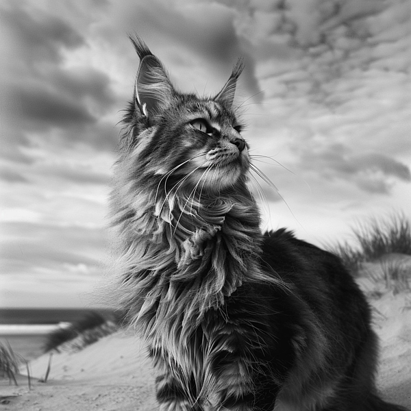 Sonyah Kross - Black and white photographic dramatic portrait of a Maine Coon standing on a Californian beach