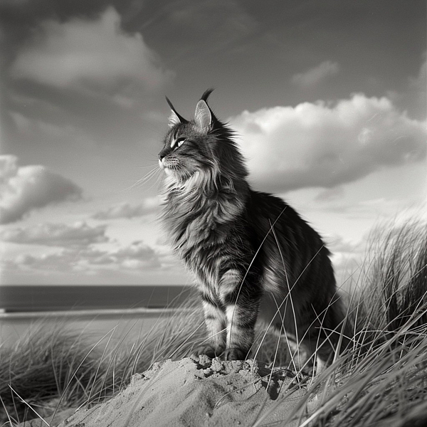 Sonyah Kross - Black and white photographic portrait of a Maine Coon standing on a south californian beach