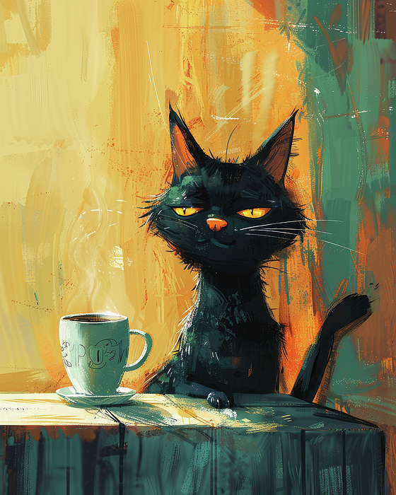 Sevildzhan Hasan - Black Cat Lounging on a Rustic Wooden Stump With a Coffee Cup
