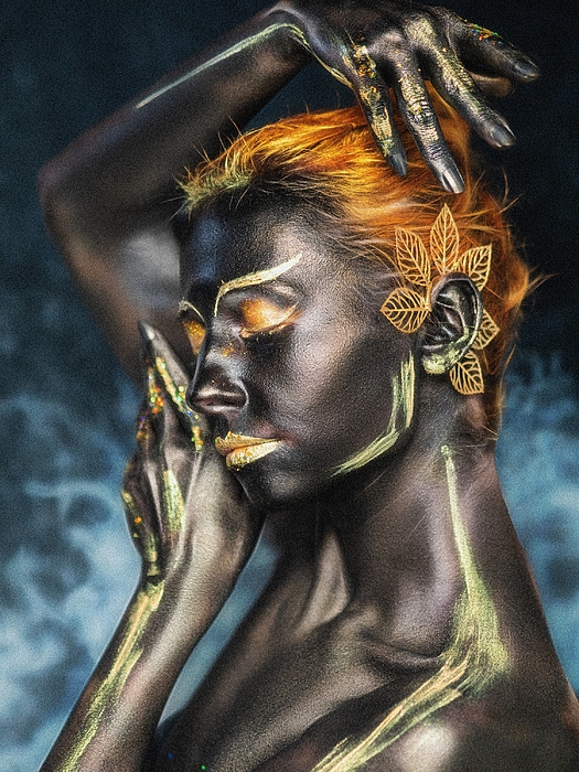 Black model covered in black body paint. Jigsaw Puzzle