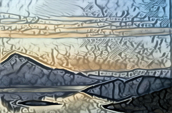 Sheri Fresonke Harper - Blue Gold View of Greek Mountain Lake Reflection and Layers in Digital Style