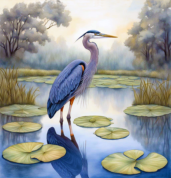Sandi OReilly - Blue Heron And Reflection