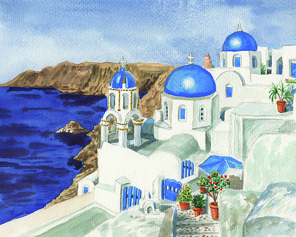 Irina Sztukowski - Blue Roofs Impressionism Greece Oia Town Santorini 