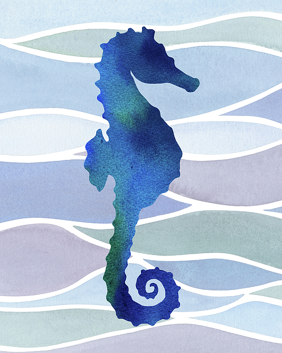 Irina Sztukowski - Blue Seahorse Silhouette On Organic Lines And Waves Watercolor 