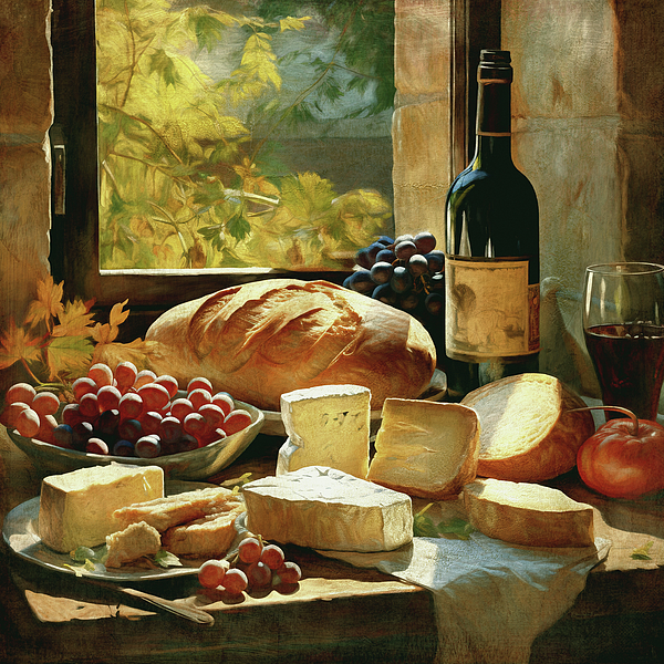 Maria Angelica Maira - Bodegon - Bread, Chesse And Wine