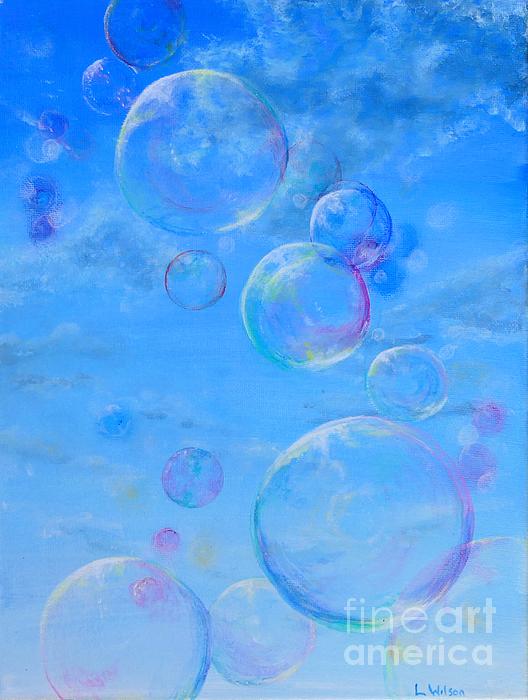 Bubbles painted. Blue soap bubbles fly in the clear summer sky Greeting Card