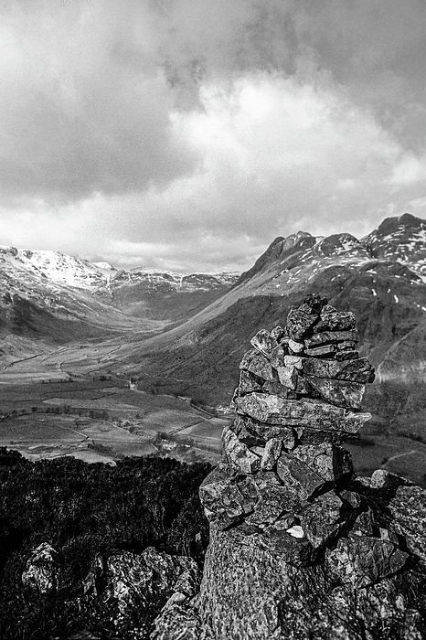 Brian Shaw - Cairn Overlooking the Langdale Valley - BW