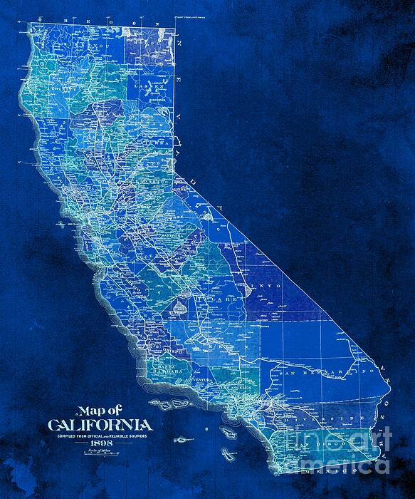 Brush and Bike - California,Old Map,Year 1898,Blue Artwork