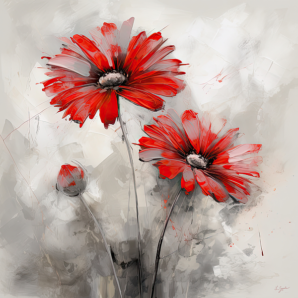 Lourry Legarde - Captivating Red Flower on Graphite Gray
