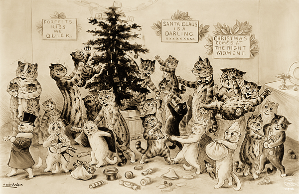 Cat's Christmas Party, Louis Wain Holiday Postcard