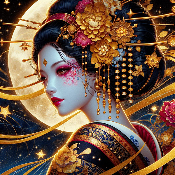 Eve Designs - Celestial Bloom - A Geisha Bathed in Starlight