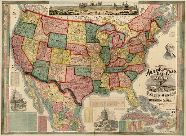 Gaylord Watson - Linda Howes Website - Centennial American Republic And Railroad Map of The United States And The Deminion of Canada 1875