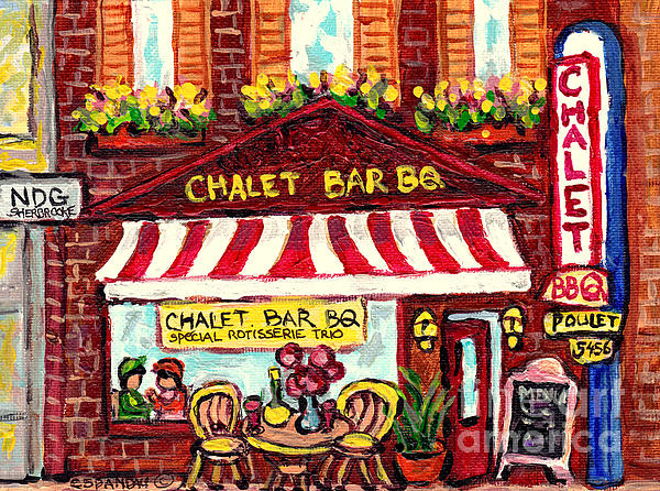 Carole Spandau - Chalet Bar Bq Table For Two Rue Sherbrooke Ndg C Spandau Original Paintings Montreal Art For Sale