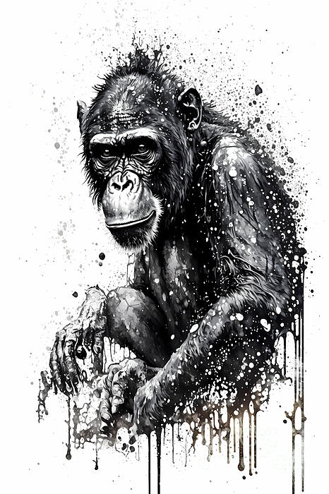 Chimpanzee Ink Drawing In Splash of Inked Black and White Animal Intricate  Details Women's T-Shirt by Jeff Creation - Pixels Merch