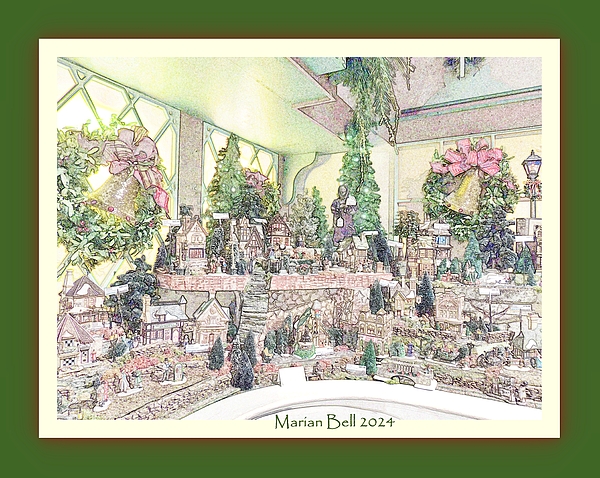 Marian Bell - Christmas Place - A Holiday Village Scene  in Colored Pencil - Framed