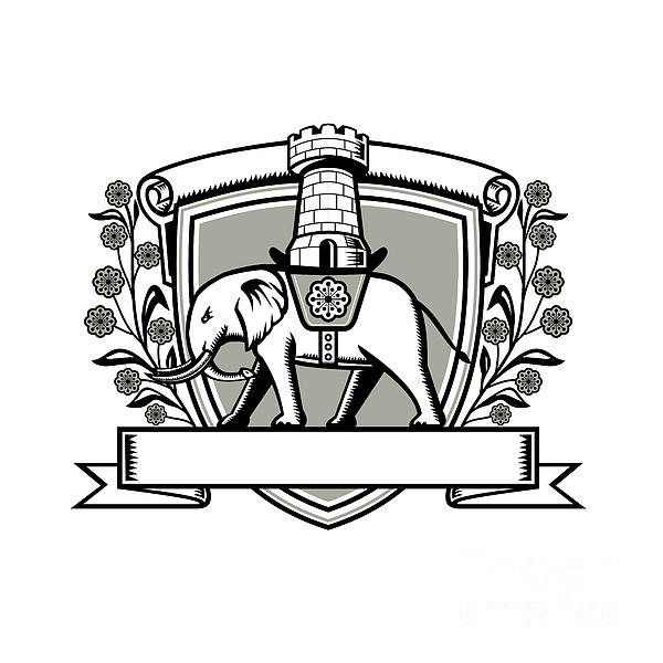 Coat of Arms with Elephant Wearing Saddle with Castle Tower and Wattle ...