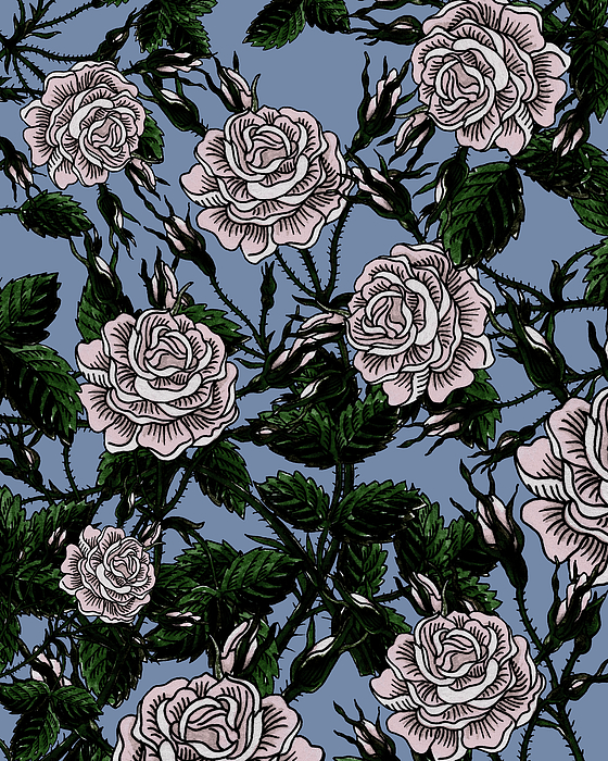 Irina Sztukowski - Creamy Rose Black And White Ink Silhouettes Of Flowers On Soft Dusty Vintage Blue