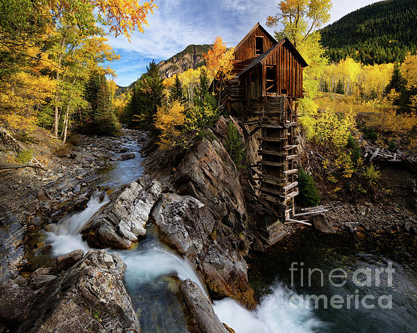 Tom Schwabel - Crystal Mill in Colorado Rockies with Brilliant Yellow Aspen Trees in Autumn