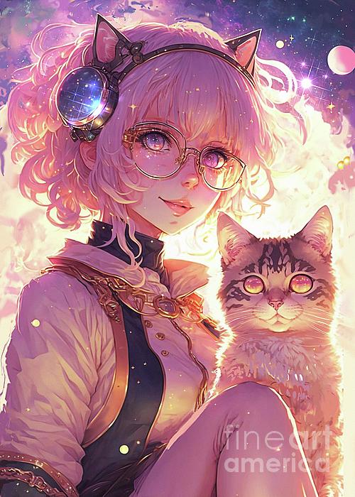 Cute Anime girl with her kawaii cat