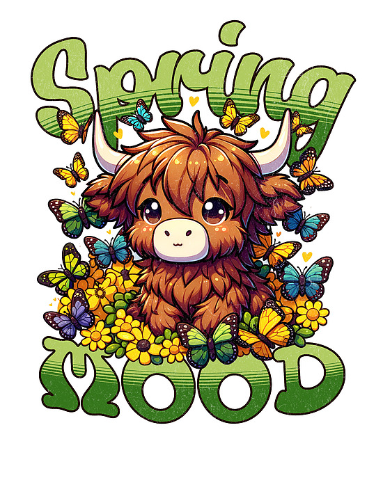 Alco Shirts - Cute Highland Cow with Butterflies and Flowers
