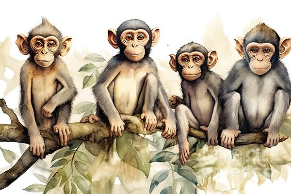 N Akkash - Cute Monkeys Painted In Watercolor And Placed On White Primate Animals Are Drawn By Hand In This Picture Wildlife From The Tropics Chimpanzee Character For Fabric Wallpaper And Posters 