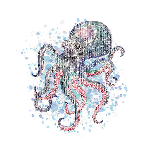 Irina Sztukowski - Cute Watercolor Octopus On A Splash Of Teal Blue Water Beach Art