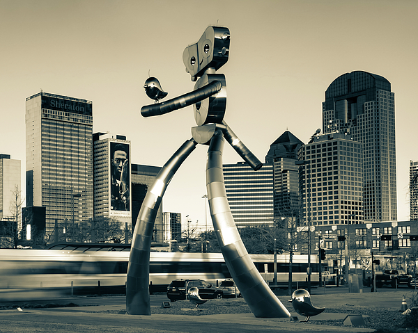 Dallas Skyline Panoramic, Walking Tall Statue, Dallas Traveling Man, Texas Panorama, Cityscape Art, popular Deep Ellum Texas, Large Art Print