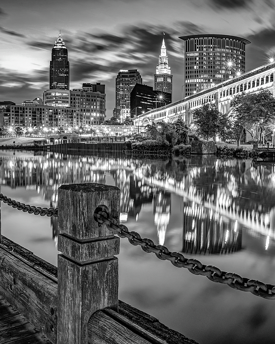 Gregory Ballos - Downtown Cleveland Ohio Cityscape Reflections - Black and White