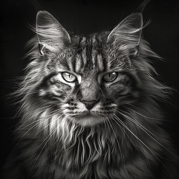 Sonyah Kross - Dramatic black and white portrait of a Maine Coon with an intense and deep gaze