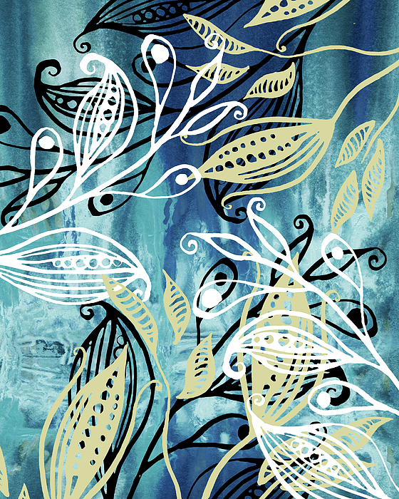 Irina Sztukowski - Elegant Leaves Floral Pattern In Teal Blue Watercolor