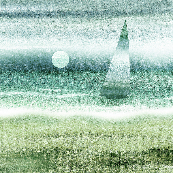 Irina Sztukowski - Emerald Blue Sailboat At The Ocean Shore Seascape Painting Beach House Watercolor I