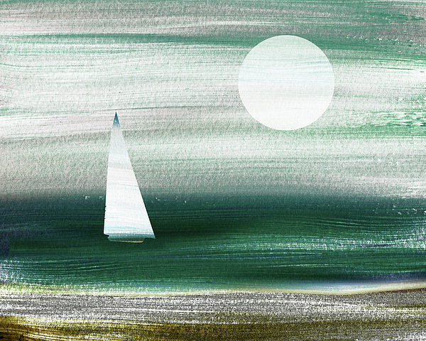 Irina Sztukowski - Emerald Blue Sailboat At The Ocean Shore Seascape Painting Beach House Watercolor II