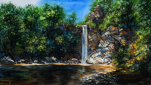 Delemore - Enchanting Waterfall Oasis Hand-painted in Vivid Summer Hues