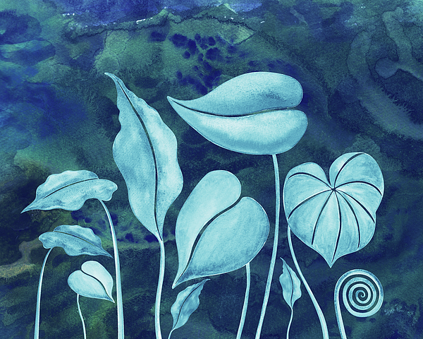 Irina Sztukowski - Exotic Leaves Of Paradise Teal Blue Watercolor 