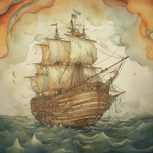 MAD PaperAirplanes - Fantastical Space Pirate Ship on the Sea Watercolor 289