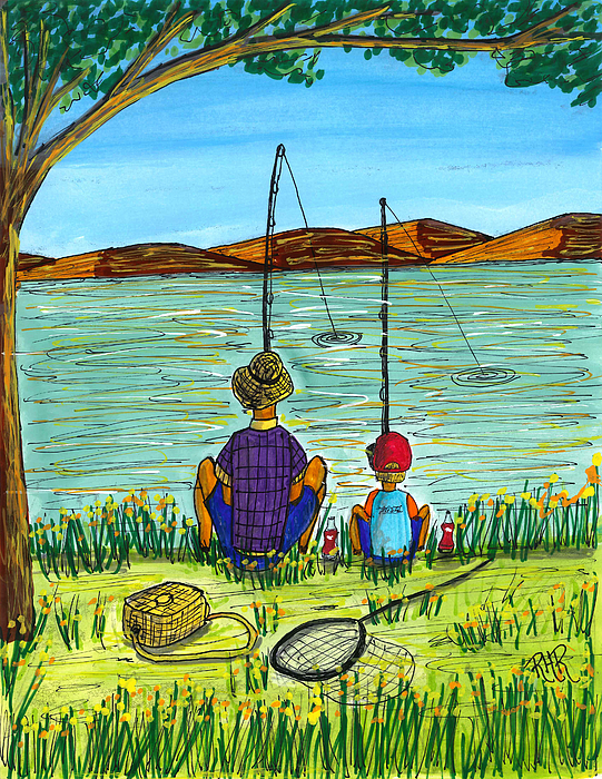 Father and Son Bank Fishing Tapestry by Ray Ratzlaff - Fine Art