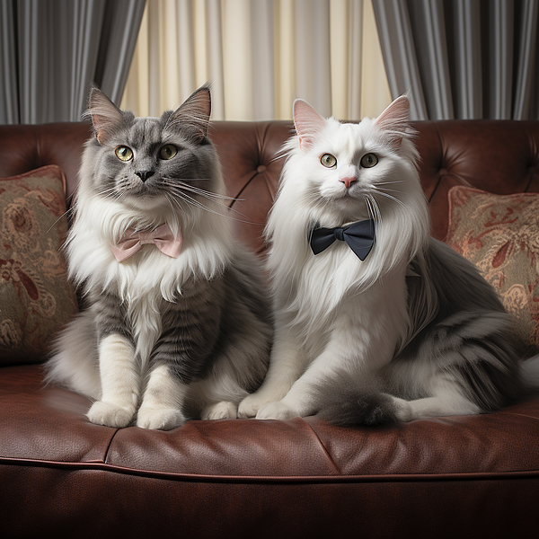 ShaytonAndCo - Fine Art portrait of 2 Maine Coon cats wearing bow ties, sitting on a luxurious brown leather sofa