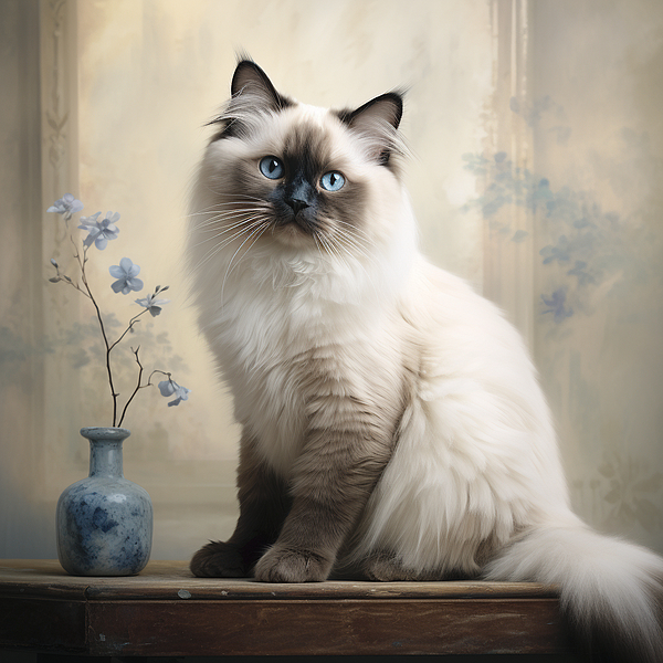 ShaytonAndCo - Fine Art portrait of a Ragdoll cat posing on a vintage furniture