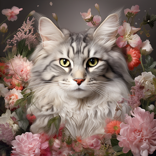 ShaytonAndCo - Fine art portrait of a Silver tabby maine coon surrounded by wildflowers