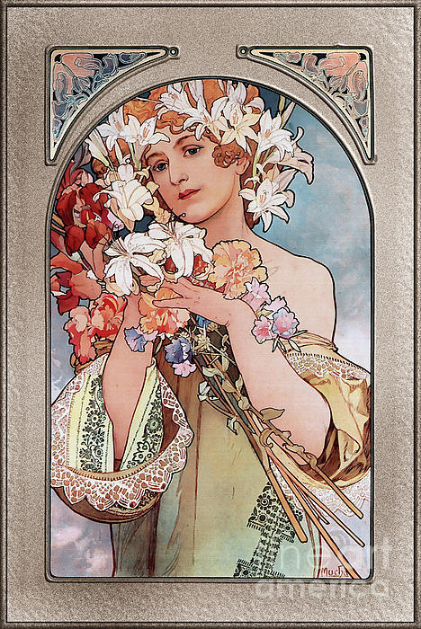 Art Nouveau Postcard: Woman w/ Floral Wreath Alphonse Mucha Rooster Statue 