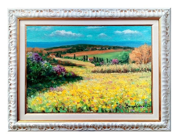 Large oil painting on canvas Signed Mauro, Rural Landscape, Gold frame