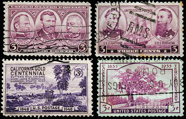 Four vintage US postage stamps from the 1930's and 1940's Tapestry