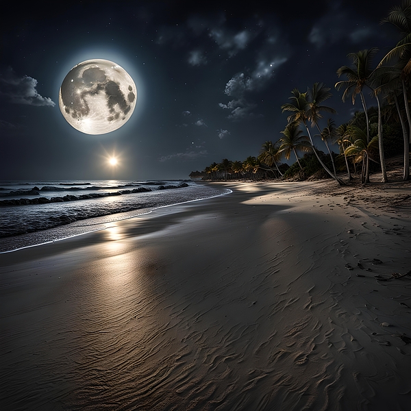 Marvin Anthony Designs - Full Moon Casts A Luminous Glow Over A Serene Beach 