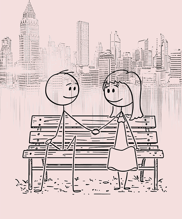 Funny romantic stick couple holding hands, minimal line art drawing, couple  in love art print Wood Print by Mounir Khalfouf - Pixels