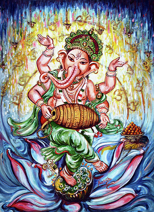 Ganesha Dancing and Playing Mridang Greeting Card by Harsh Malik