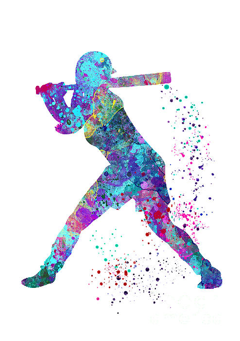 White Lotus - Baseball Girl Batter Art Softball Player Gift Colorful Blue Purple Watercolor Art Baseball Player