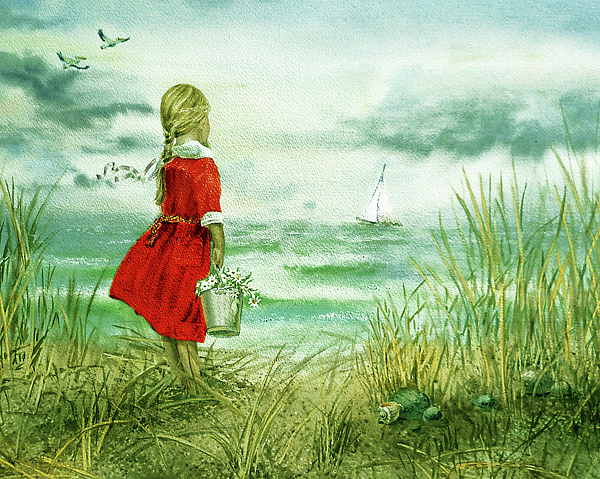 Irina Sztukowski - Girl In Red Dress With Daisies Next To The Ocean Beach Art 