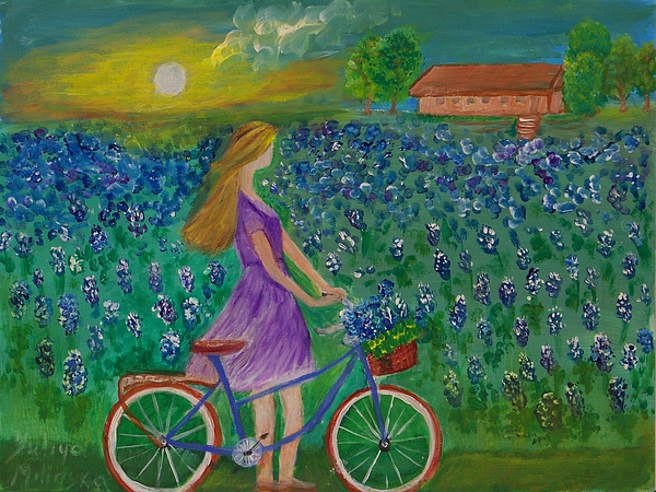 Yuliya Milinska - Girl with a bike in the bluebonnet field